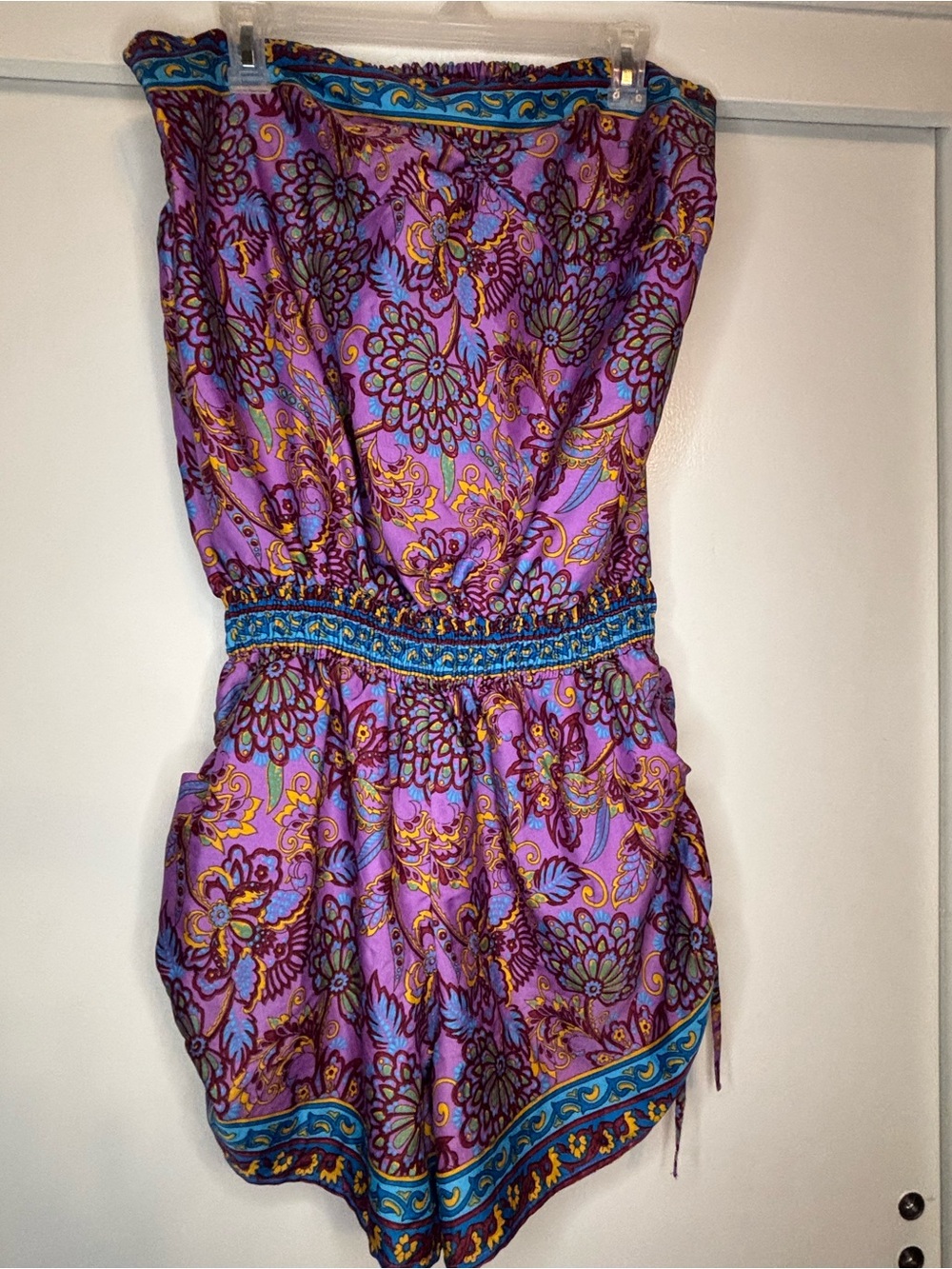 Vibrant Purple Floral Strapless Romper with Blue & Gold Accents Women’s M-L
